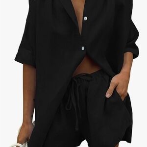 Black Button-Up Shirt and Shorts Set